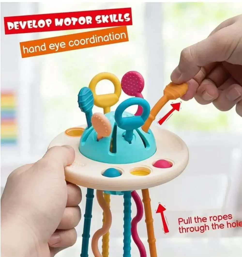 Montessori Baby Sensory UFO Activity Toy with Pull Strings and Popping Bubbles